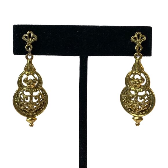 Jewelry - Gold-Tone Filigree Dangle Earrings With Ornate Design & Fleur De Lis Accents